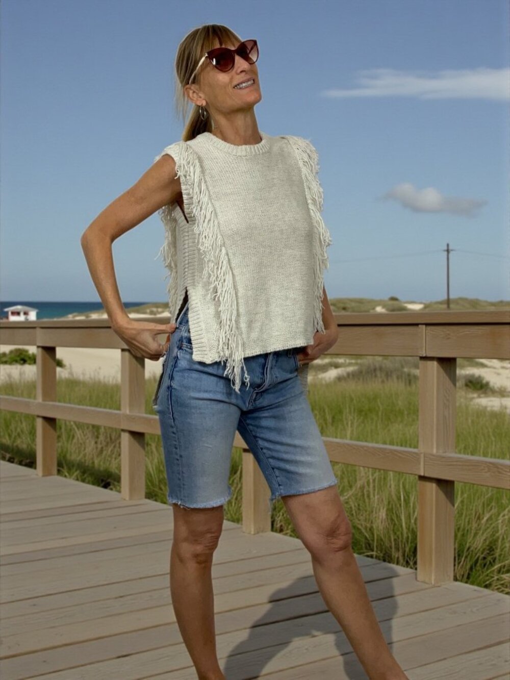 Intermix Fringe Sweater Vest P XS Cream Wool Cashmere